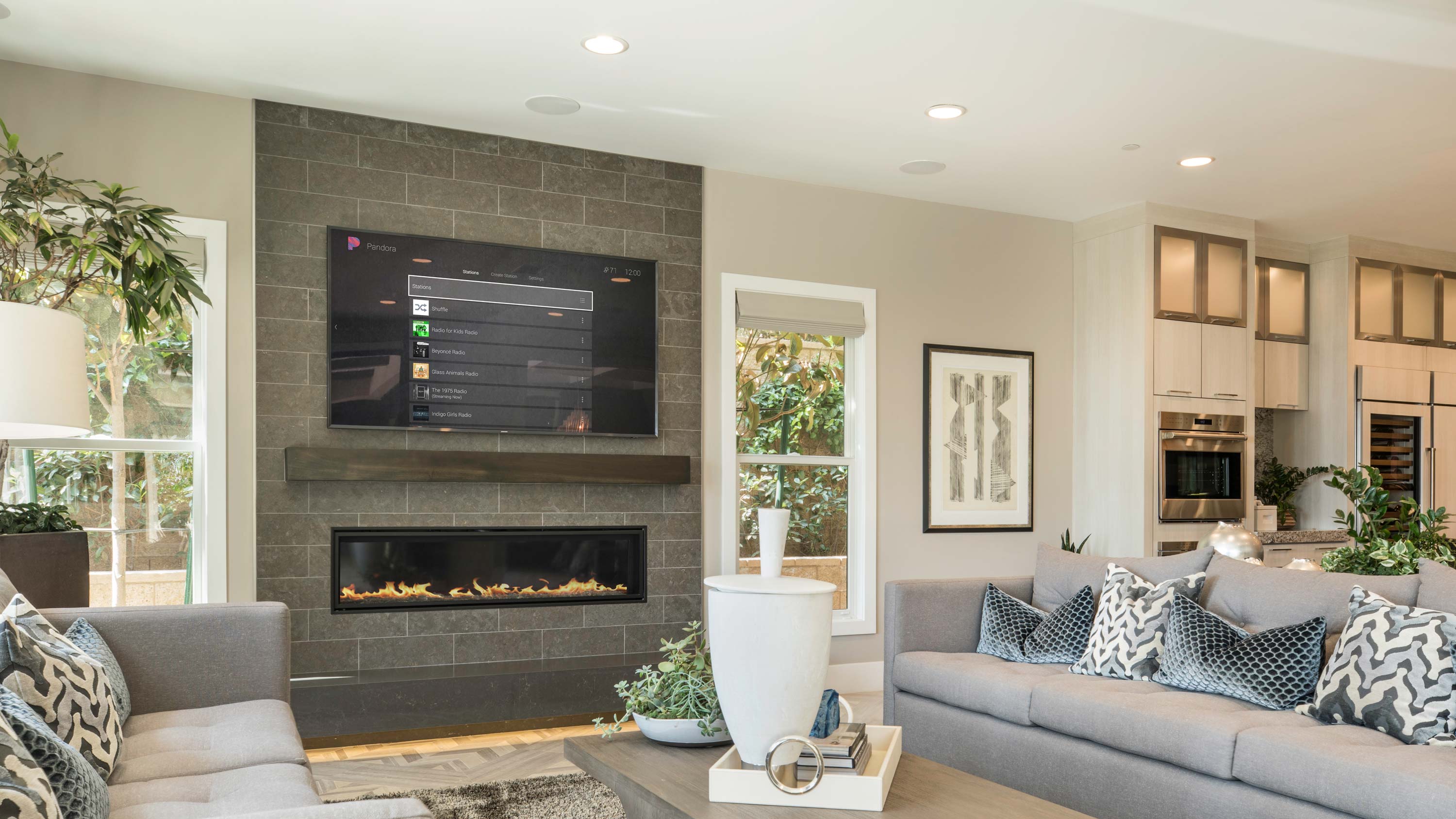 Living Room, Fireplace, TV, Couches, Control4